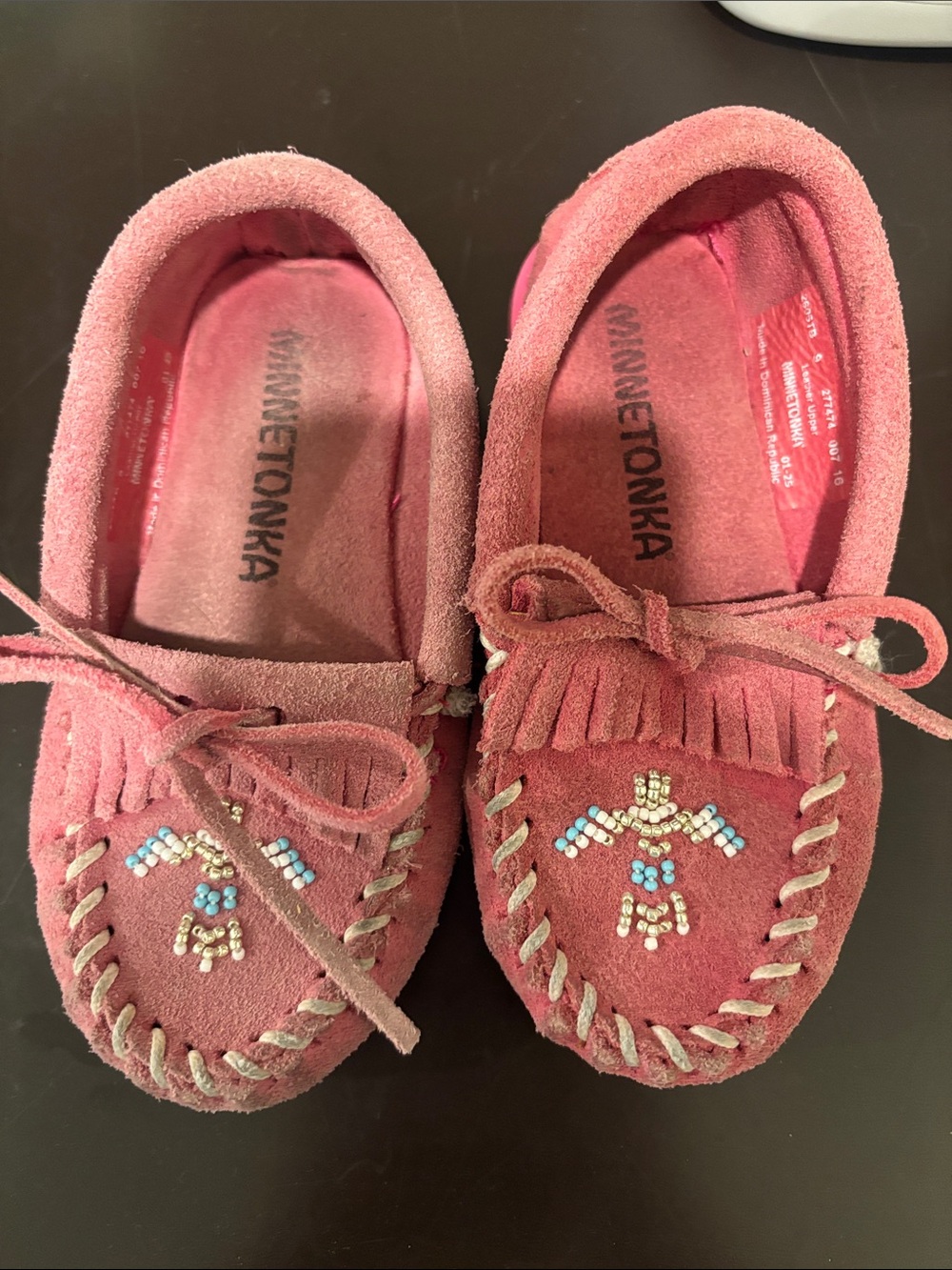 Minnetonka Kids Suede Moccasins in Rose Pink with Bead Detail